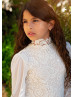 High Neck Ivory Lace Chiffon Keyhole Back Flower Girl Dress